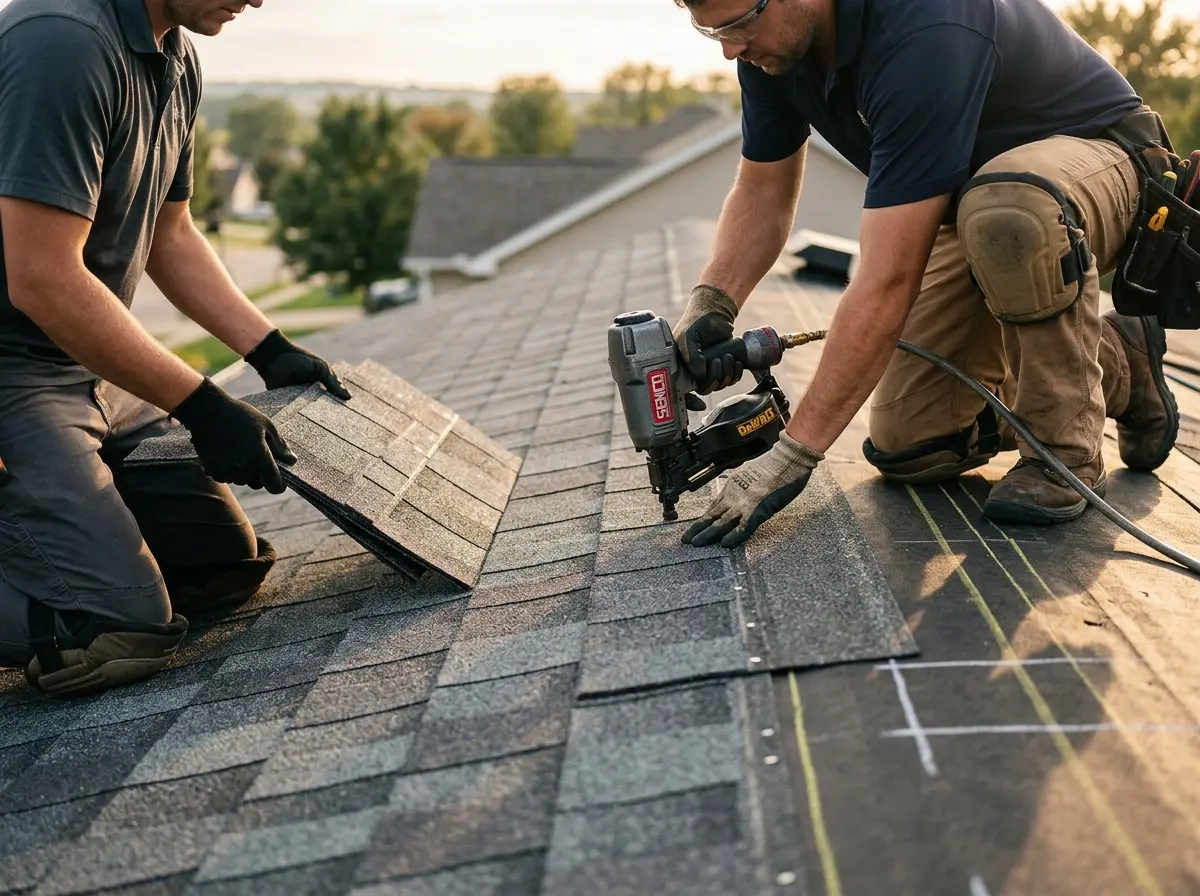 Professional roofer working on a residential roof in Valle Vista